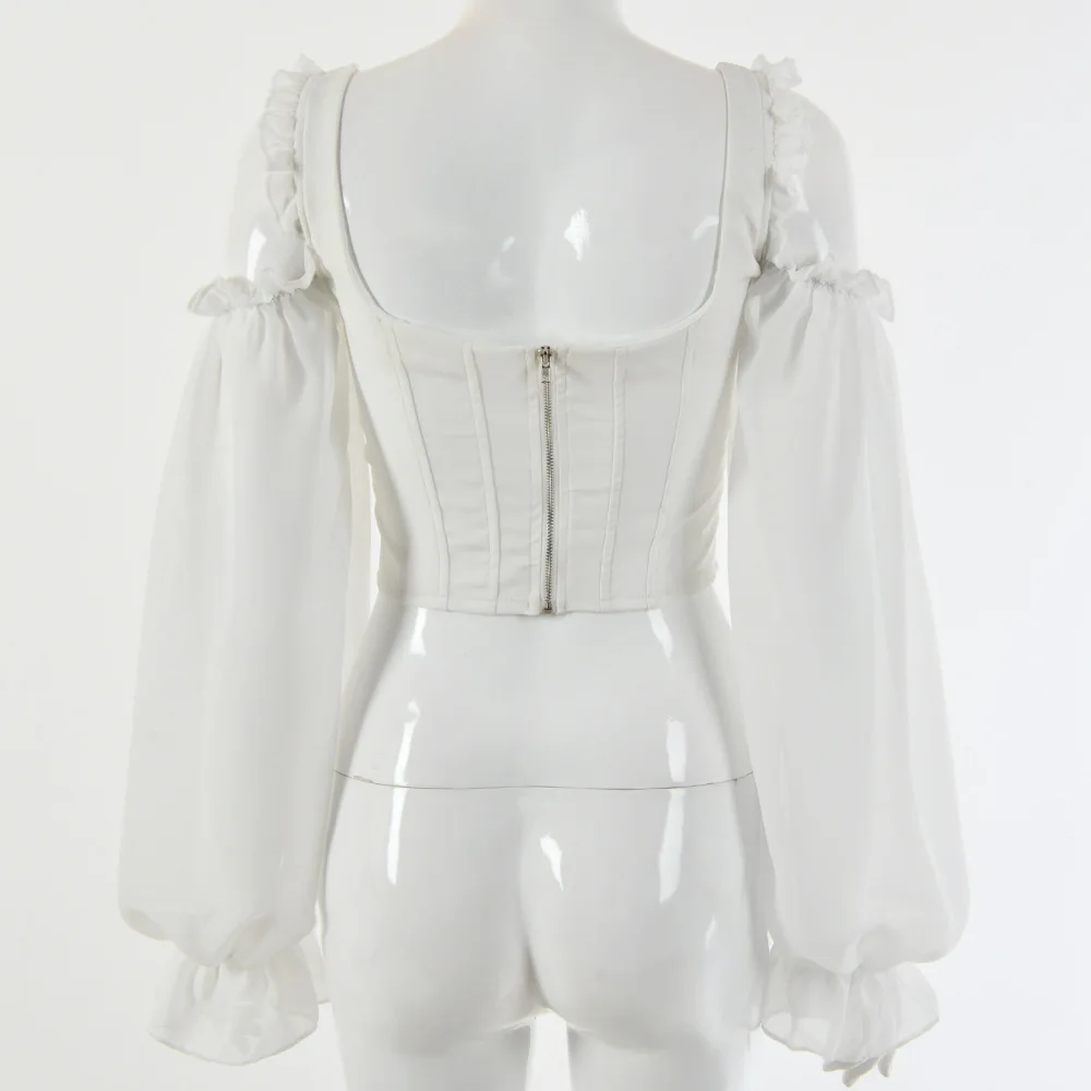 Сетчатая белая блузка с оборками, рубашка для женщин, сексуальный корсет с открытыми плечами, туника, укороченный топ, длинный рукав, шифон, элегантные женские блузки, топы