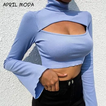 

Fashion Blue Hole Cropped Shirt Flare Sleeve Hight Neck Cut Out Sexy Fashion Autumn New Elastic Slim Women Knitted Tee Shirts