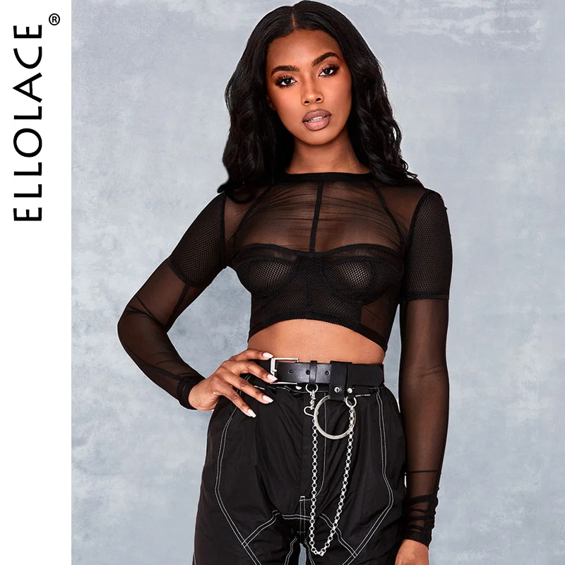 

Ellolace Mesh Long Sleeve T-shirt Cropped Women Tops See Through Tees Blue Black Solid T-Shirt Sexy Fashion Basic 2019 Clothes
