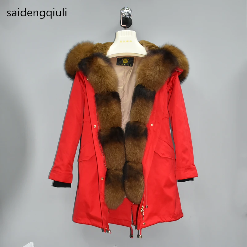 

2019 Winter New Women Real Rabbit Fur Liner Parka Coats Female Jackets And Coats With Fox Fur Collar Hood Thick Coats