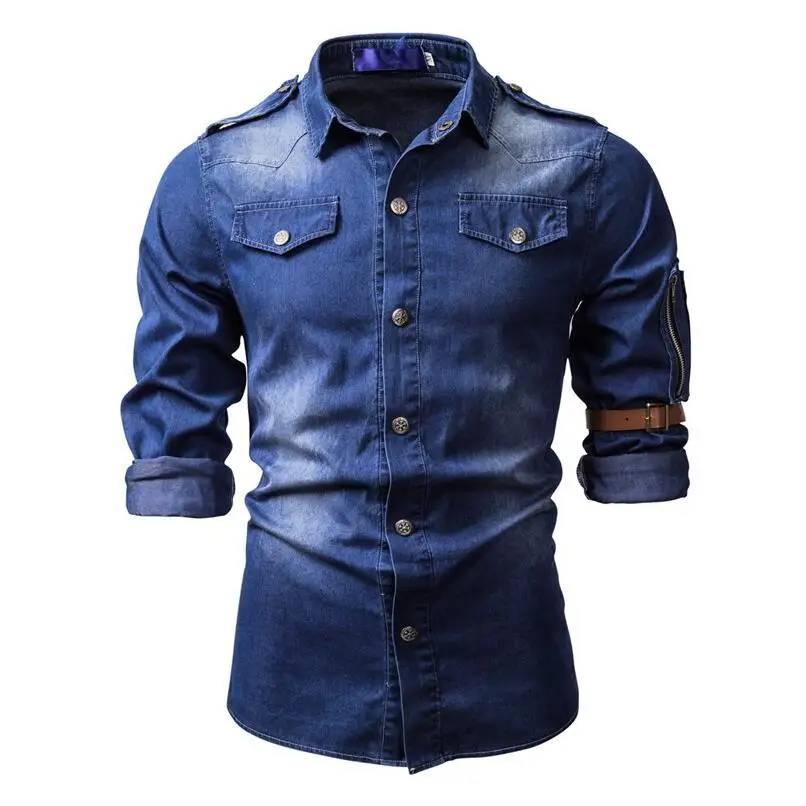 2021 New Men Long Sleeve Denim Shirt 