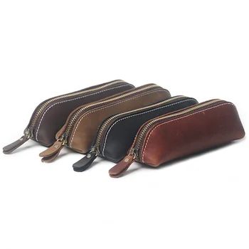 

Luxury Handmade Genuine Leather Pencil Case Vintage Cowhide Zipper Pencilcase Pen Bag Office Stationery School Supplies