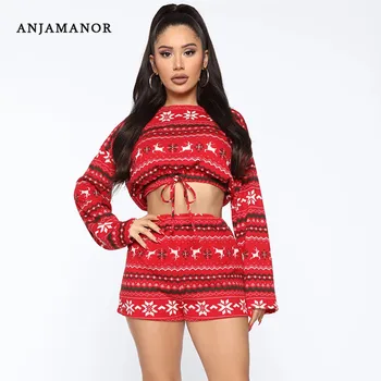 

ANJAMANOR Christmas Print Casual Sexy Two Piece Set Long Sleeve Crop Top and Shorts Matching Sets Women Trucksuit D91-AD94