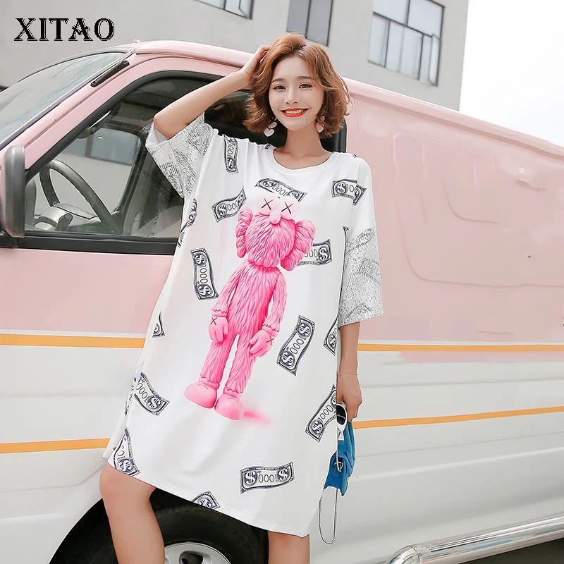 

[XITAO] Casual Women Korea Fashion 2019 Summer O-neck Half Sleeve Loose Dress Female Print Pattern Above Knee Dress ZQ1885