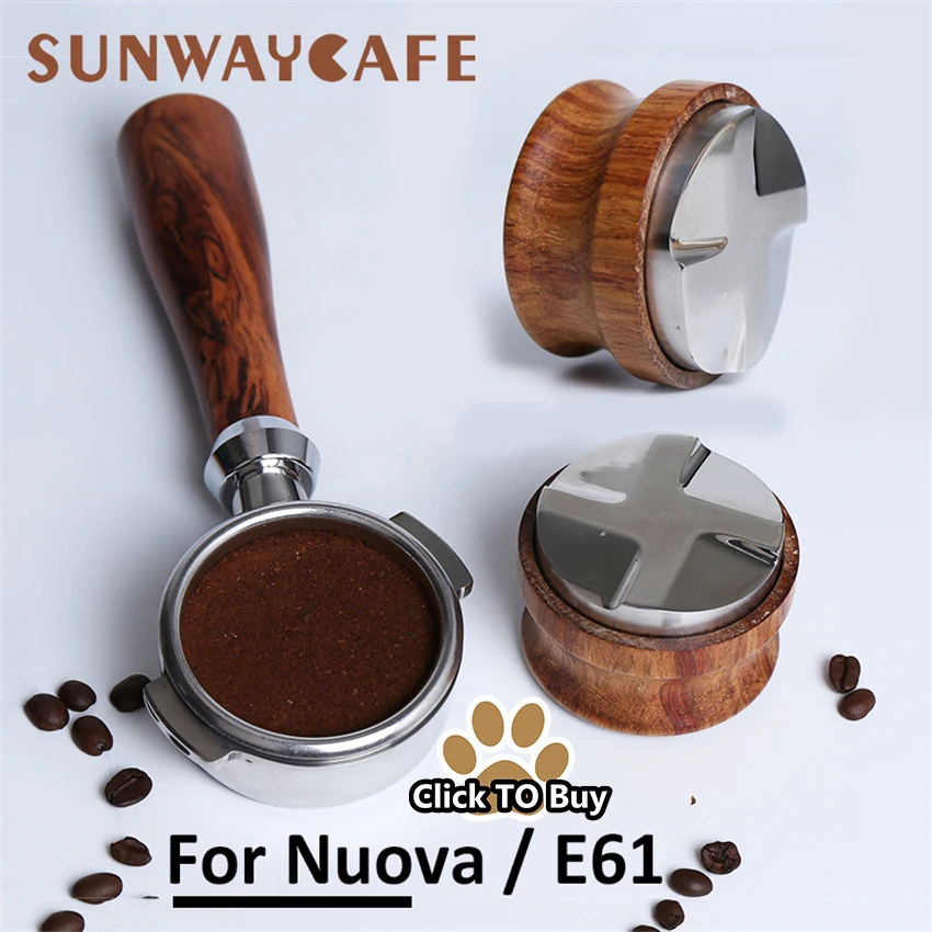 Espresso-Coffee-Machine-Bottomless-Filter-Holder-Portafilter-E61-For-Nuova-58MM-Solid-Wooden-tamper-Stainless-Steel