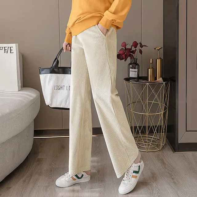 Pregnancy Abdominal Corduroy Pants Boyfriend Trousers Maternity Pants For Pregnant Women Clothes High Waist Trousers Loose Pants beige