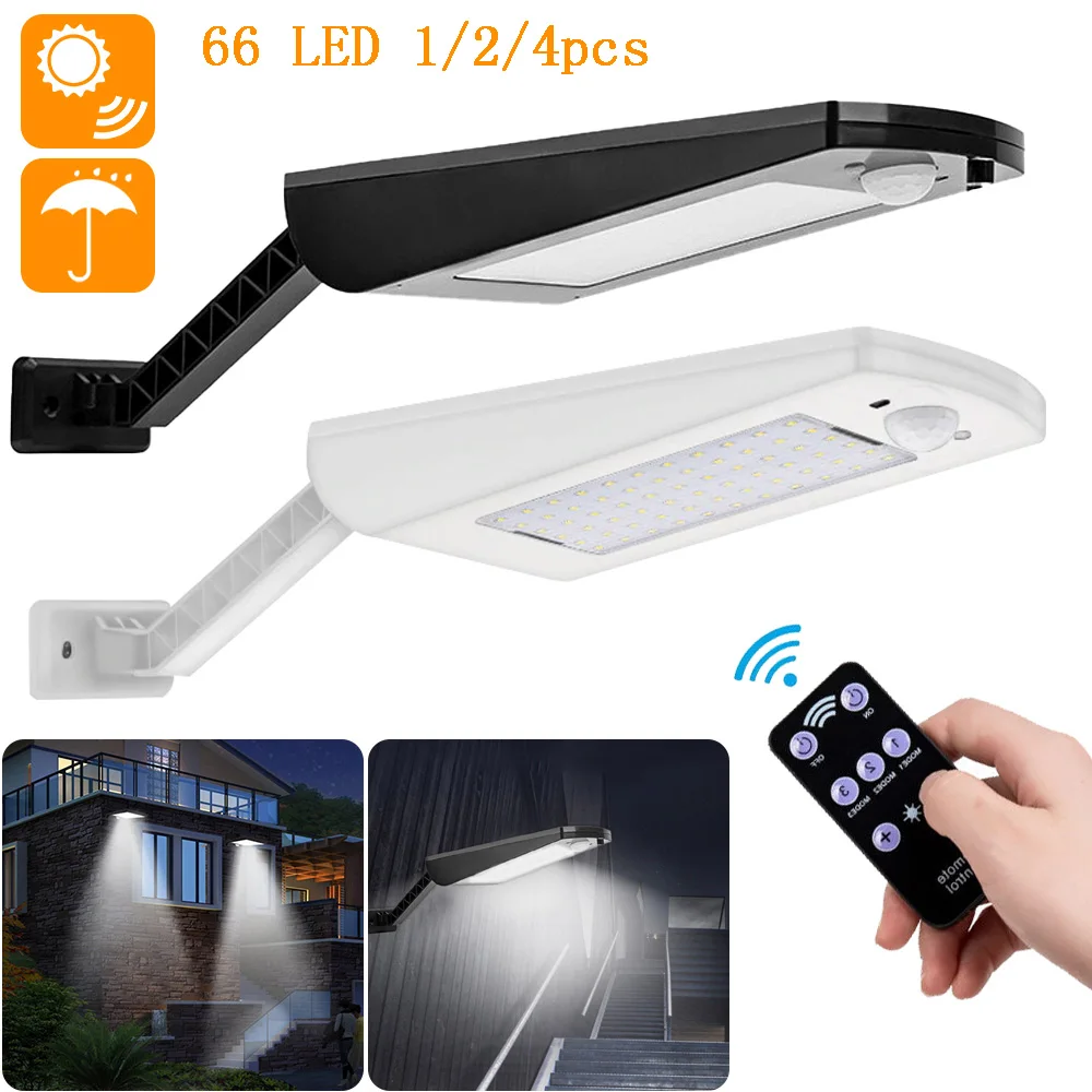 

4pcs Solar Lamp 3 Modes Outdoor Waterproof 66 LED Solar Wall Light Adjustable Remote Control For Garden Yard Pathway Lamps
