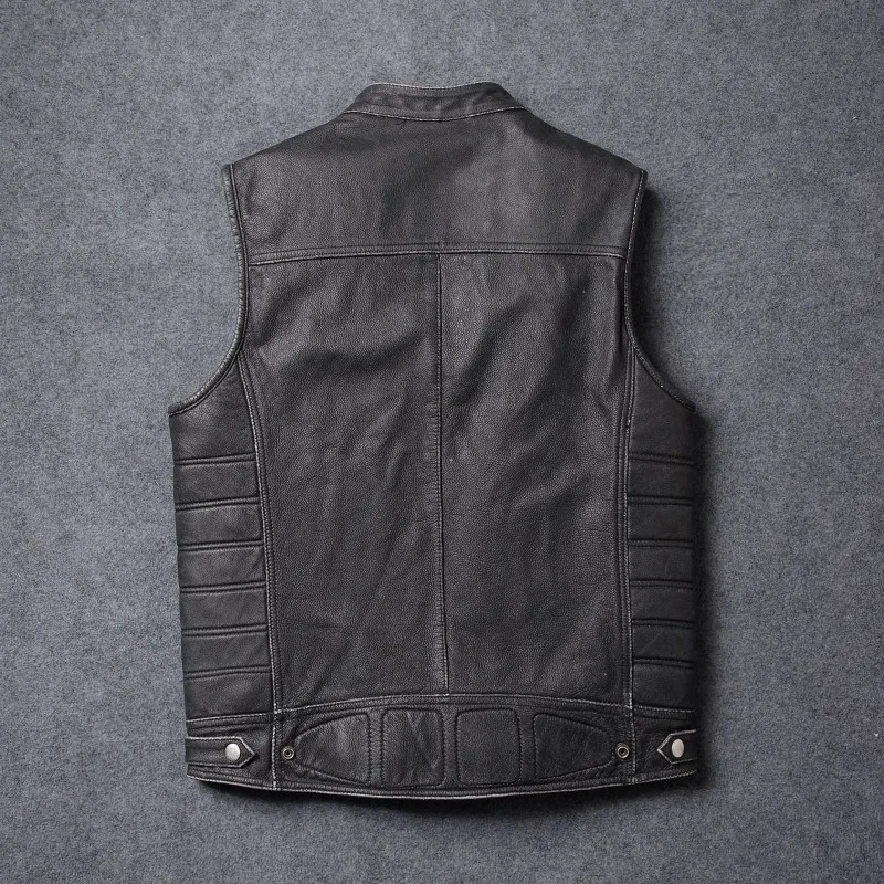 

Top Brand 100% Real Cow Leather Sleeveless Jacket Mens Vest Zip Stand Collar Motorcycle Rock Luxury Leather Coats Plus Size 5XL