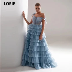 LORIE 2021 Light Blue Ruffled Long Tulle Evening Dresses Sashes Spaghetti  A Line Sleeveless Tiered Prom Gowns Vestidos De Noche