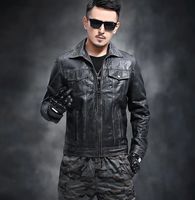 AYUNSUE Real Genuine Leather Jacket Men Sheepskin Leather Coat Motorcycle Jacket Man Vintage Slim Fit Biker Men Leather Jackets