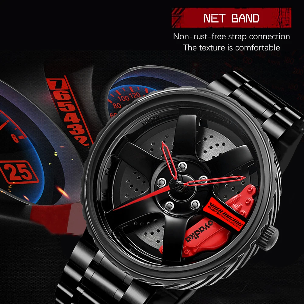 3D Hollow Pattern Men Stainless Steel Watches Racing Auto Car Wheel Watch Men Wristwatch Clock Sport Creative Design Wristwatch