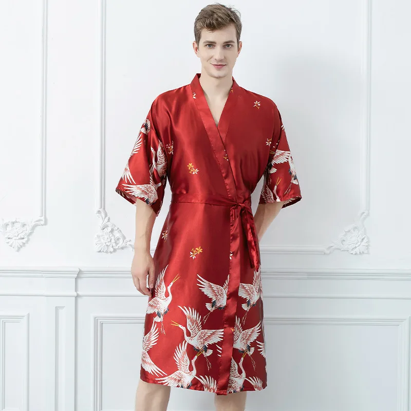 Men Print Silk Rayon Robe Summer Casual Wedding Best Man Relax Fit Sleepwear V Neck Kimono Yukata Luxury Bath Gown Plus Size | Мужская