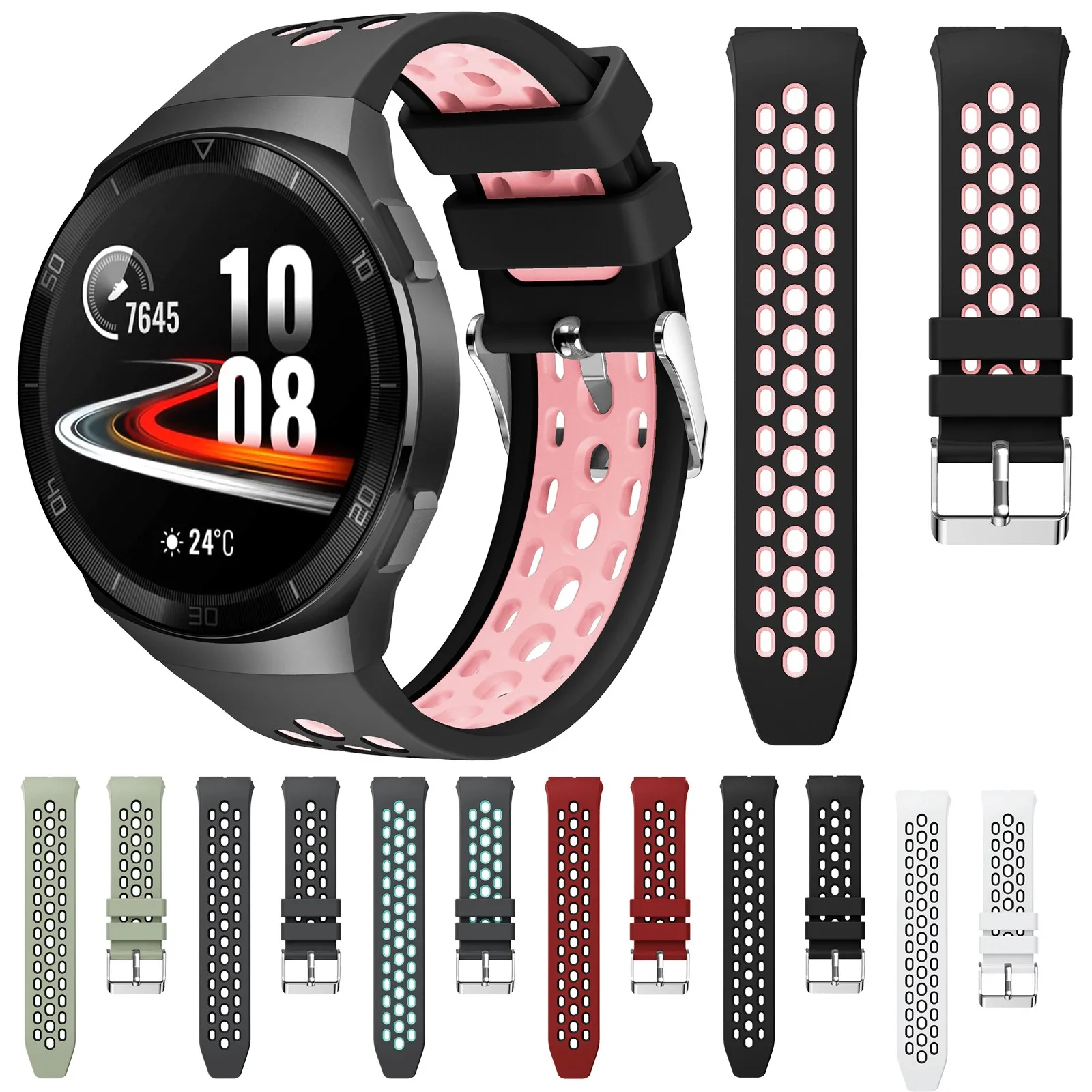 Two-color Round Hole Silicone Watch Band Mesh Strap For Huawei Gt 2E Support Accessories Size 150-205mm Smartwatch группа |