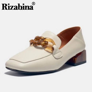 

RIZABINA Genuine Leather Women Mules Shoes Buckle Chain Thick Heel Shoe Woman Pumps Casual Daily Office Lady Footwear Size 34-42