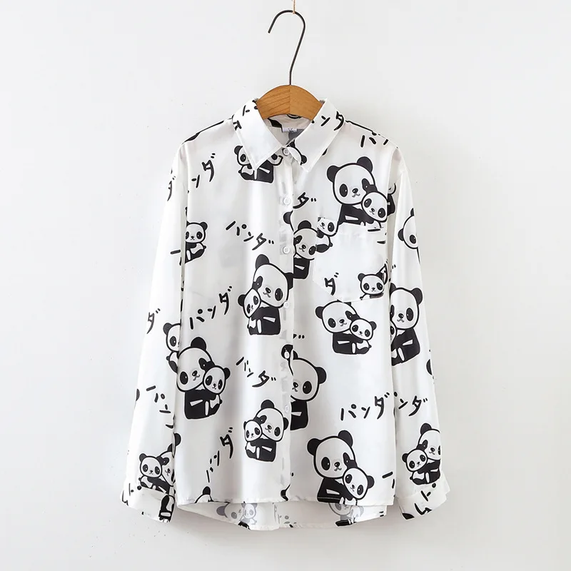 

Spring and autumn long sleeves preppy style turn-down collar top Panda print blouse single breasted shirt Women's clothing
