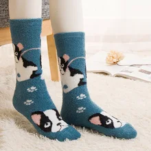 Милые забавные женские носки из кораллового флиса с мультяшным рисунком; сезон осень-зима; утолщенные дышащие жаккардовые носки с принтом бульдога, кошки, панды; повседневные носки