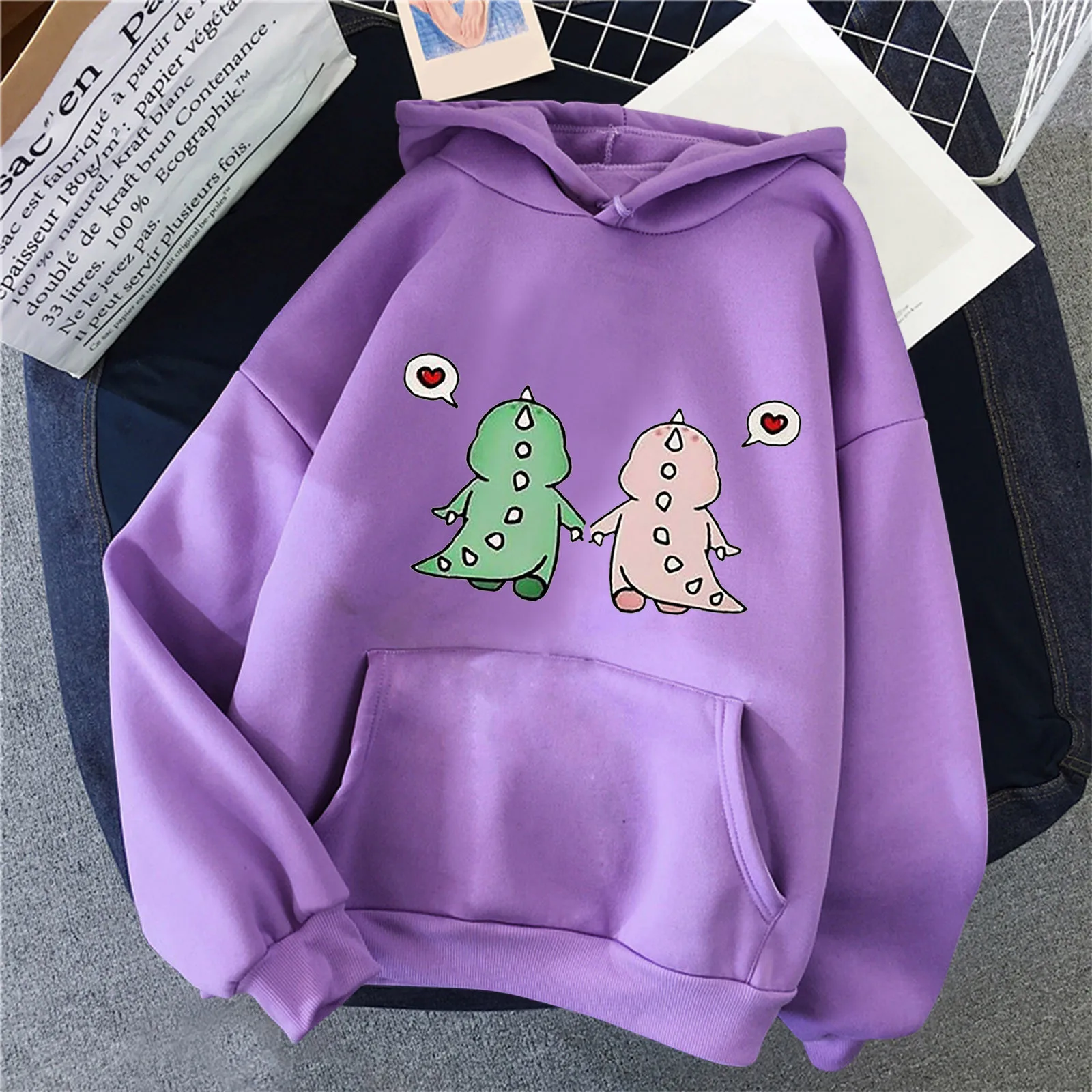 

Kawaii Hoodie Women Harajuku Casual Cartoon Dinosaur Printed Sweatshirt Long-Sleeved Hooded Sweatshirts Autumn Pockets Pullovers