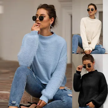 

Women Loose Mohair Splice sweater Spring Autumn Half-turtleneck Knit Sweater Solid Color Lantern Sleeve Pullovers Tops