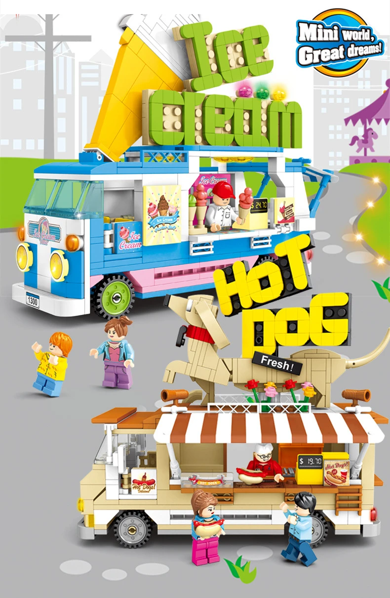 Городской уличный вид мороженое Ван хот-дог грузовик модель комплект маленькие частицы строительные блоки кемпинг автомобиль еда магазин игрушки для детей