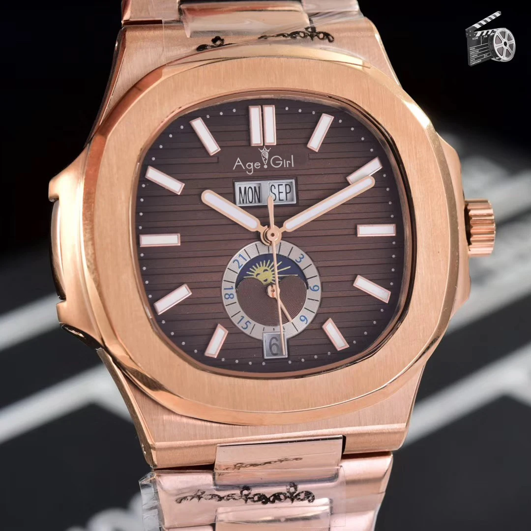 

Luxury Brand New Automatic Mechanical Men Watch Sapphire DayDate Transparent Rose Gold Moon Phase Watches Black Multifunction