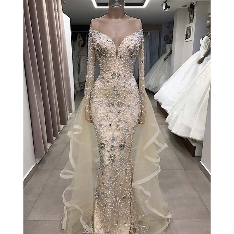 

Robe De Soiree Luxury Customized Long Formal Evening Dress 2019 V-Neck Appliques Tulle Beading Long Mermaid Party Dresses