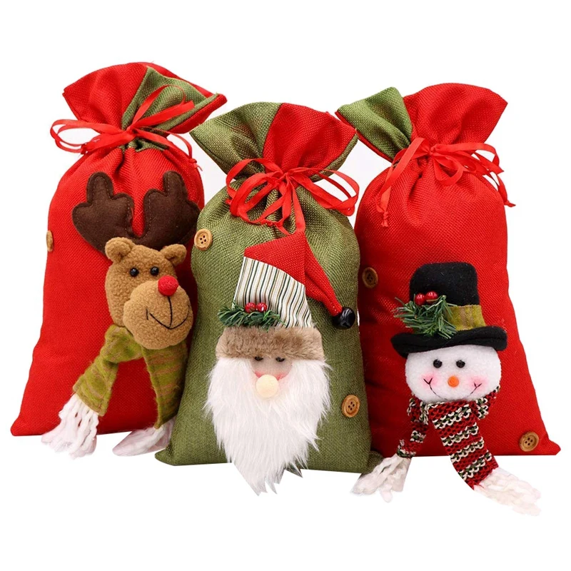 3 пачки рождественские подарочные тканевые пакеты с кулиской, сумки для конфет, сумки Санта Клауса, сумки с вышивкой снеговика и оленя