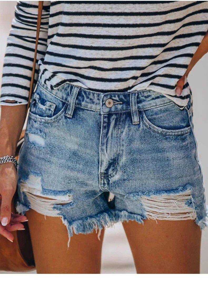 hotpants 2022 New Women Slim Tassels Hole Denim Shorts Fashion Casual Summer Blue Denim Shorts Sexy Solid Color Wash Streetwear Shorts high waisted denim shorts