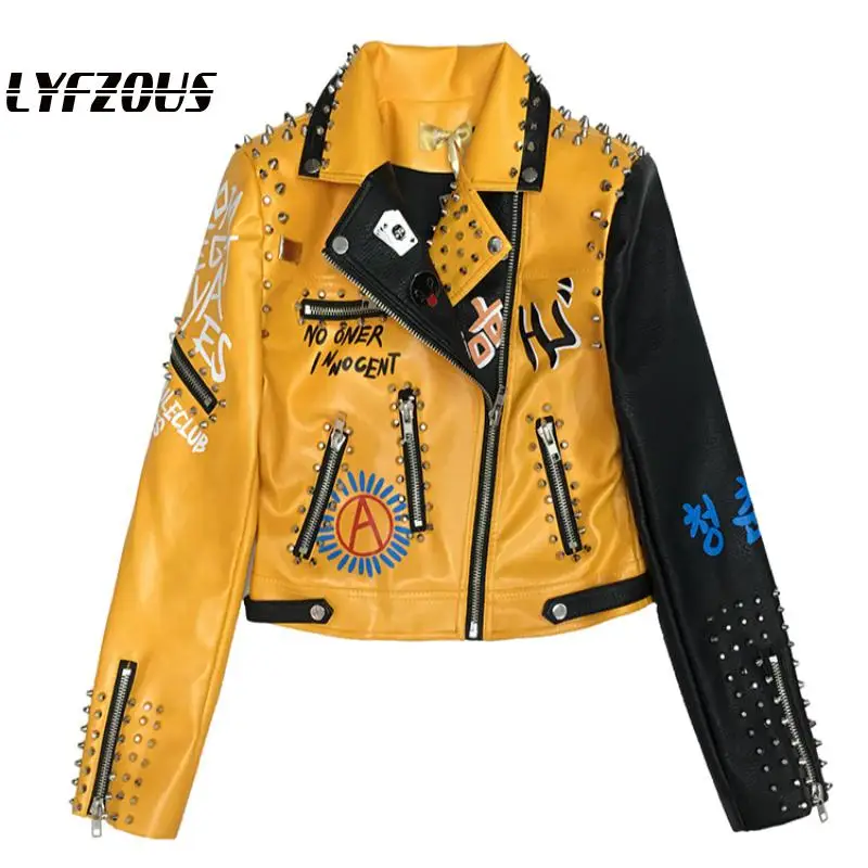 

2020 Heavy Rivets Leather Jacket Women Graffiti Colorful Print Jackets And Coats Punk Cool Rave Short Ladies Locomotive Jackets