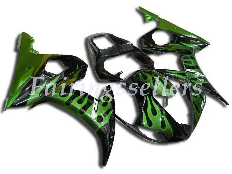 Black Green Flame Новые ABS Пластиковые обтекатели подходят для Yamaha Обтекатели YZFR6 2003 2004 2005 обтекатель кузова YZF R6 03 04 05 на заказ черный и оранжевый - Цвет: Black Green Flame