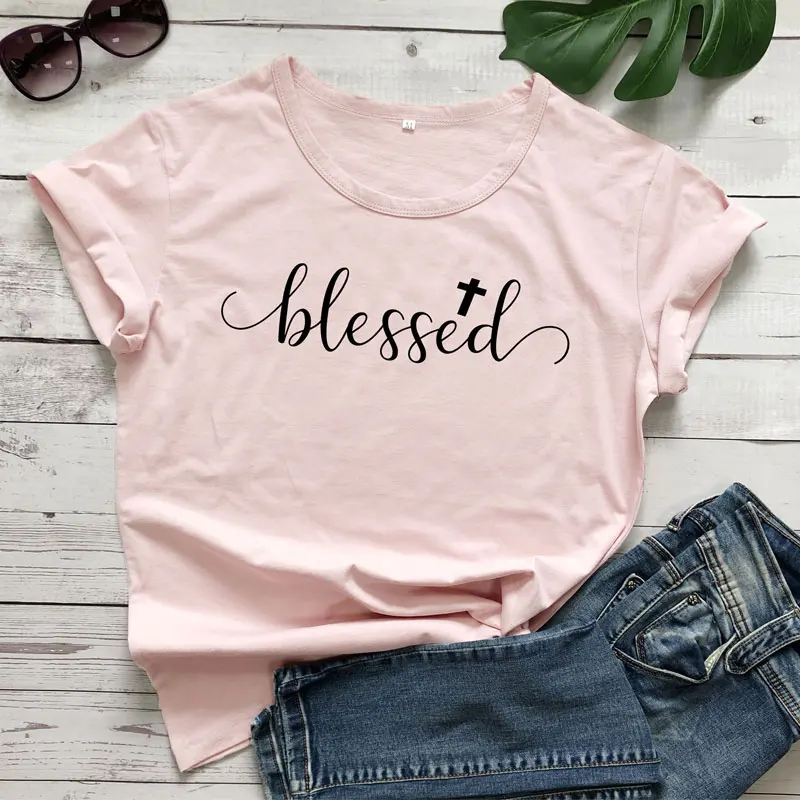 

Blessed Cross Spiritual T-shirt Summer Short Sleeve Religous Christian Tshirt Outfits Unisex Vintage Cotton Easter Tee Shirt Top