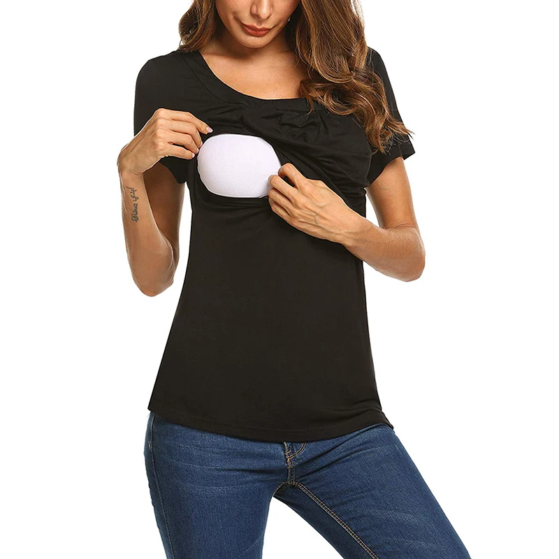 T-shirt do Verão Sólida em Torno do Pescoço Materna Nova Manga Curta Terno Mulheres Grávidas Amamentação Mês Alimentando Roupas Casuais Cor 5 High Quality Mamãe e Bebê