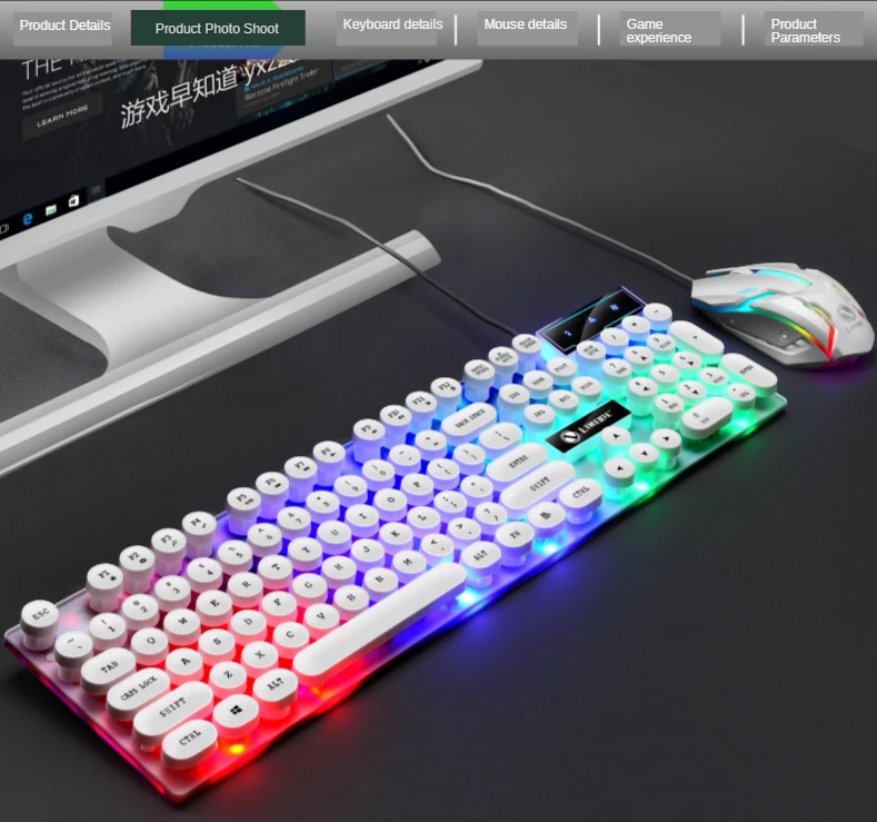 GTX300 Typewriter Keyboard and Mouse Set Punk Retro Keyboard Backlit Game USB Wired Keyboard and Mouse Set for PC Desktops