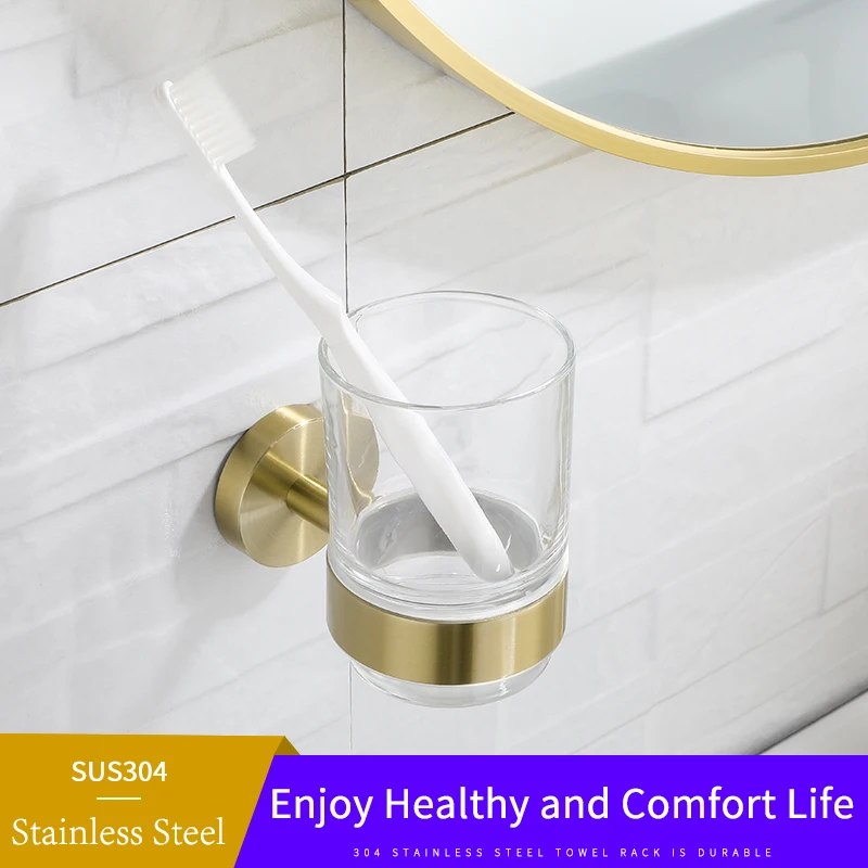 Luxury Gold Polished Toothbrush Holder Brushed Gold Tumbler Holder With Glass Cup Wall Mount Stainless Steel