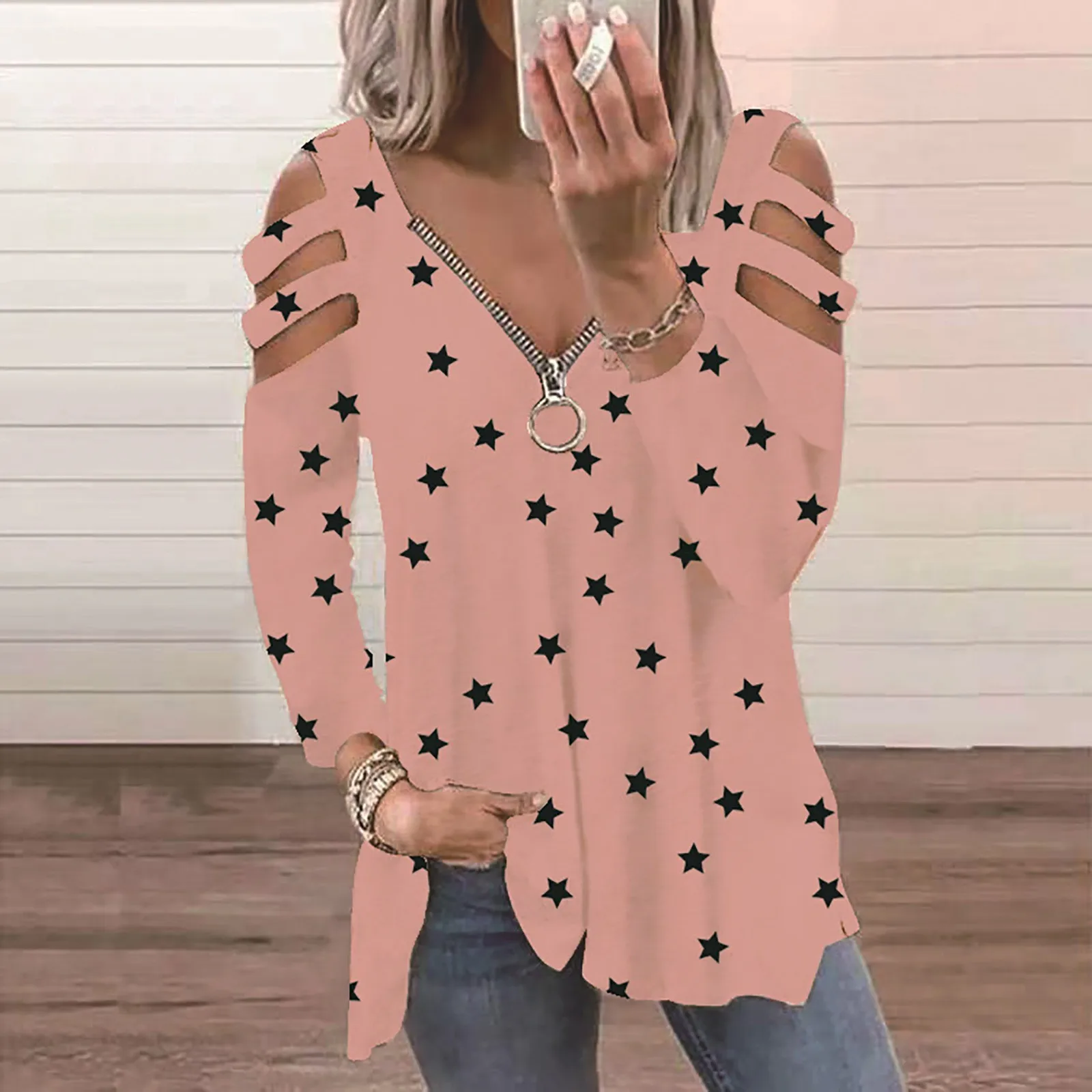 2021 Fashion Women's Hollow Out Retro Print V-Neck T-Shirt Long Sleeve Casual Tops Female T-shirt Women's Clothing Streetwear 2