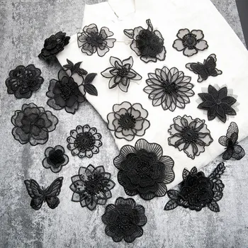 

High Quality Black Lace Embroidery Iron on Patches for Clohting Organza Flower Butterfly Appliques Stripes Sexy Dress Stickers