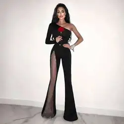 High Quality Women's One Shoulder Long Sleeve Black Bandage Jumpsuit Hollow Diamond Jumpsuit Celebrity Fashion Party Jumpsuit