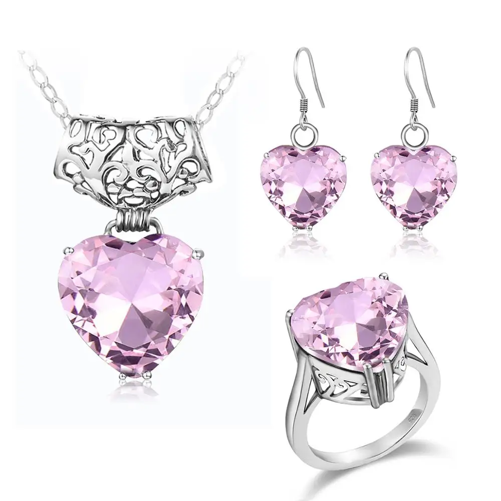 

925 Sterling Silver Set Fashion Romantic Heart Shaped Pink Crystal Ring Earring Pendant Wedding Jewellery Set Bridal Jewelry New