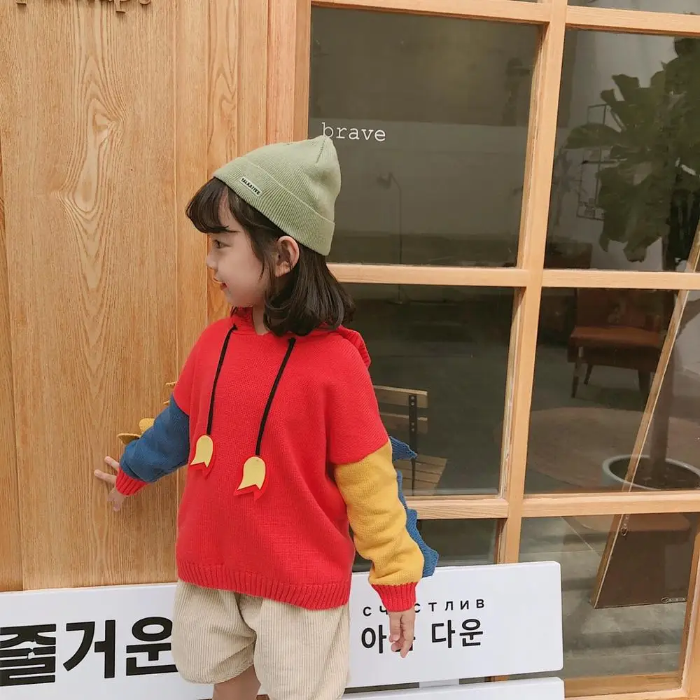 

Fashionable boys and girls knit hooded top children's color stitching dinosaur style sweater kids clothes