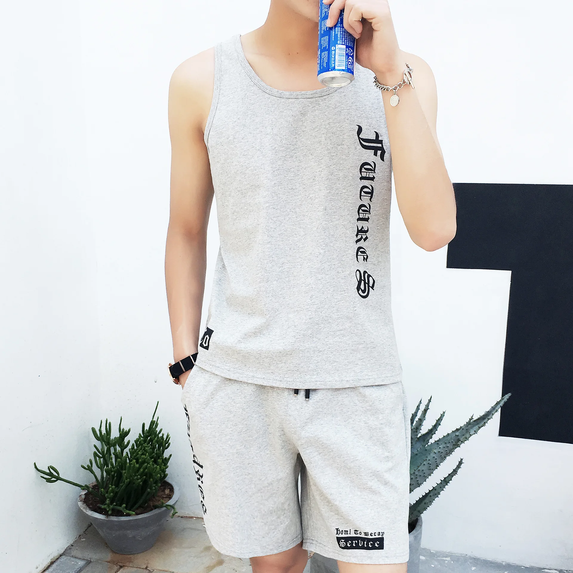 

2019 Summer New Style MEN'S Casual Suit Teenager Printed Trend Vest Shorts Slim Fit Sports Set Men's