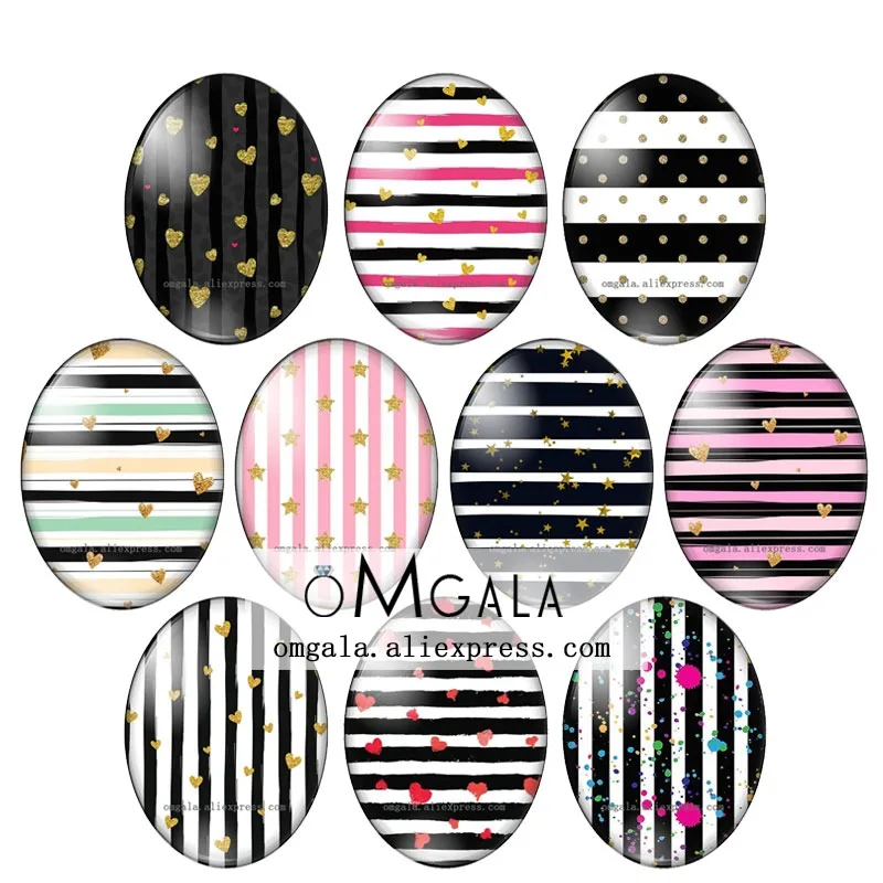 

Colorful Stripe With Love Heart Star Dots Patterns 13x18mm/18x25mm/30x40mm Oval photo glass cabochon flat back Making findings