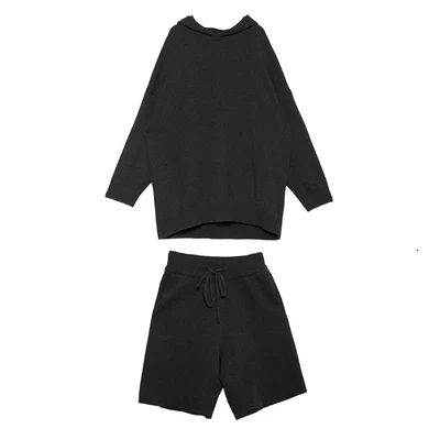 [EAM] Wide Leg Pants Knitting Two Piece Suit New Hooded Long Sleeve Loose Fit Women Fashion Tide Spring Autumn 19A-a219 - Цвет: black