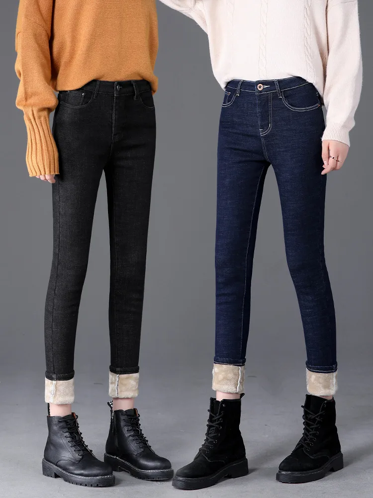 black ripped jeans 2021 Winter New Women's Jeans Plus Velvet Super Stretch Pants Sexy Solid Color Warm Women's Casual Plus Size High Waist Jeans good american jeans