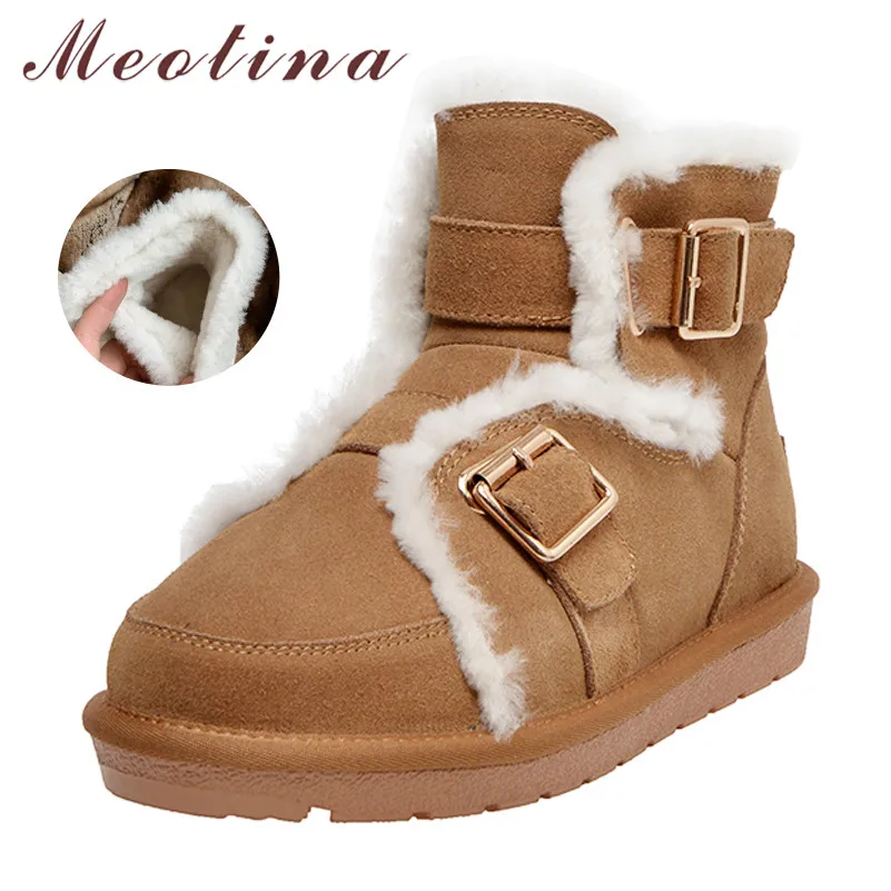 

Meotina Winter Warm Wool Snow Boots Women Cow Suede Buckle Flat Ankle Boots Real Leather Round Toe Shoes Female Plus Size 34-43