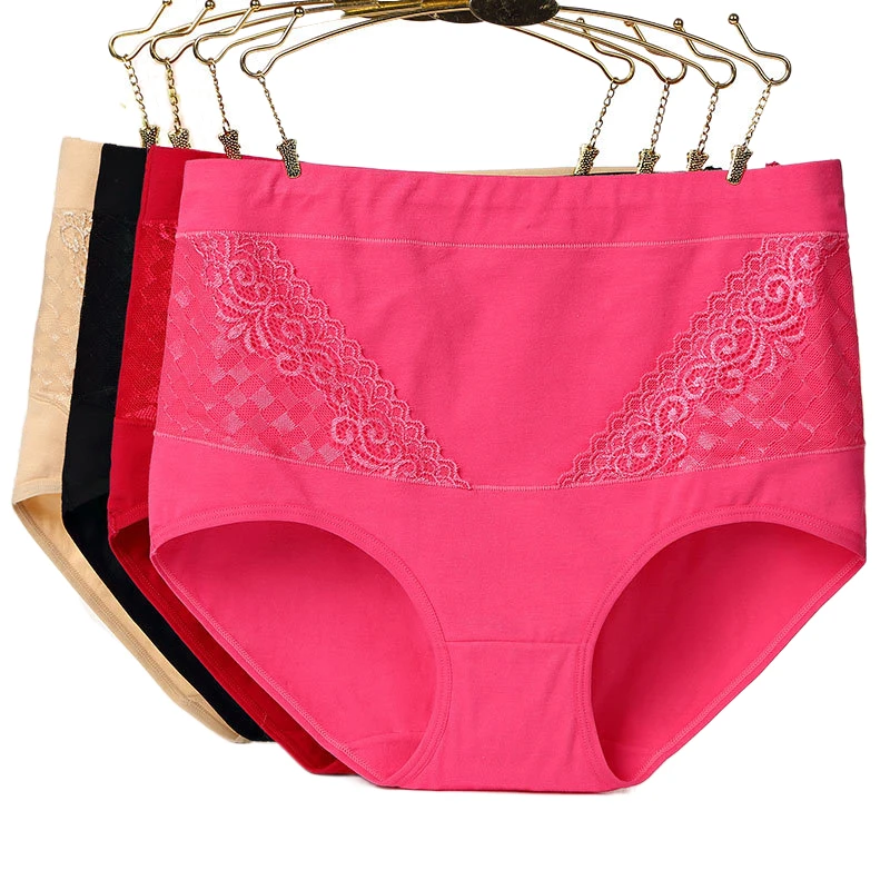4pcs/Lot Big Size High Waist Women's Panties Solid 100% Cotton Briefs Underwear Lady Sexy Lace Seamless Underpants L XL