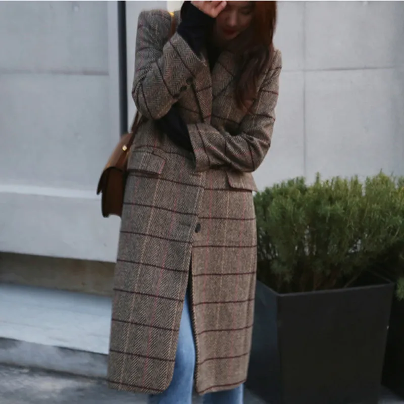 

Autumn Winter Women Plaid Coat New Fashion Long Woolen Coat Slim Type Female Spring Jackets Female Plus Size Outwear