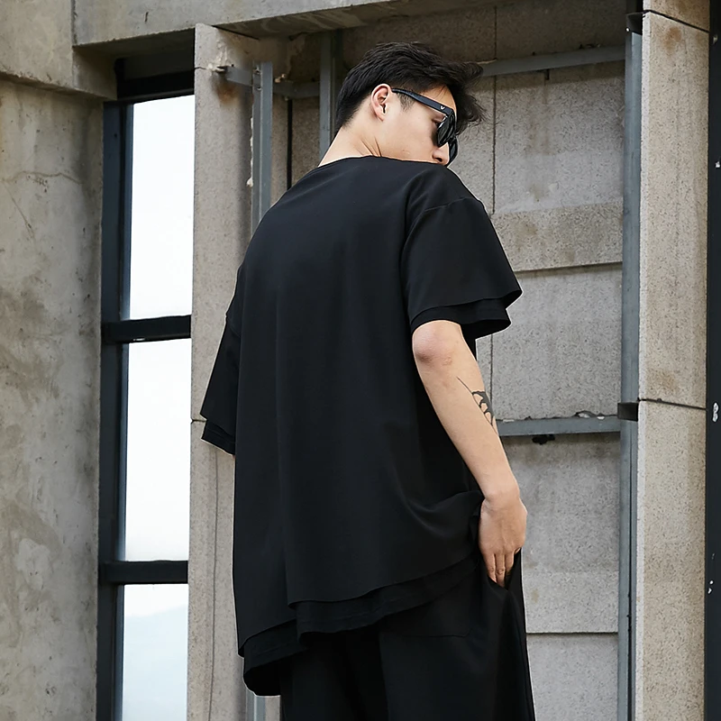Men Short Sleeve Double Layer Design Oversize Loose Casual