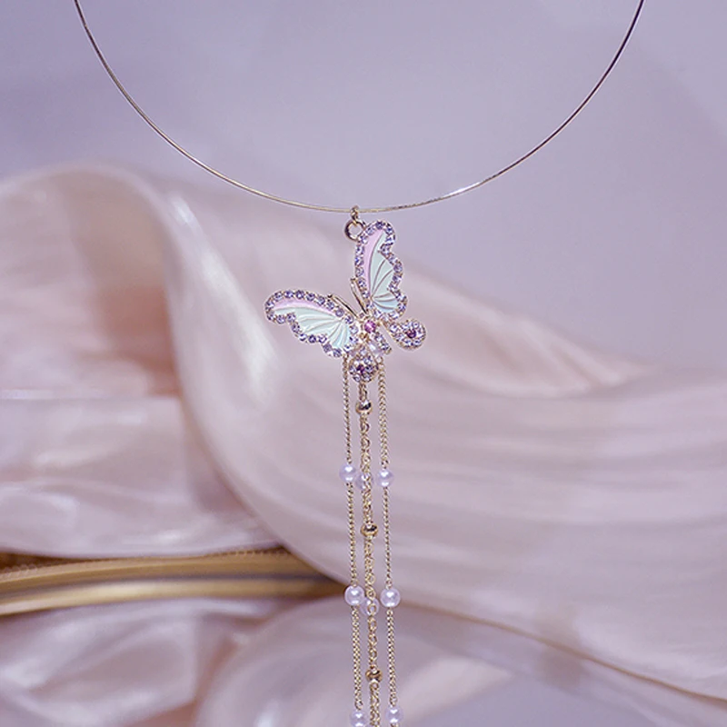 Ins Hot Sale Colorful Zircon Butterfly Necklace for Women Long Design Tassel Pearl Choker Torques Wedding 14k Jewelry Pendant