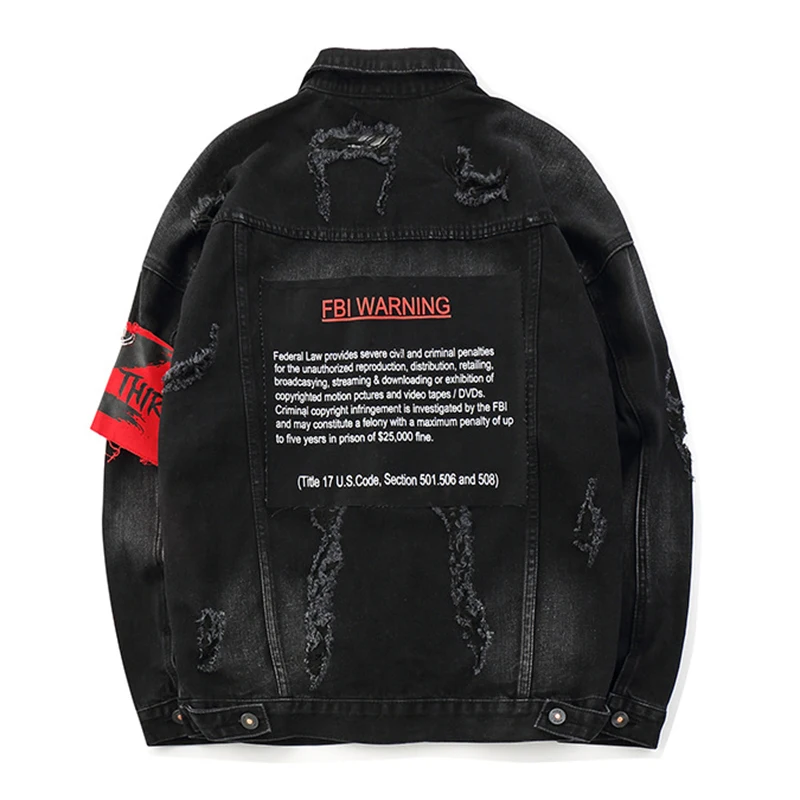2019 mannen Losse Letters Gedrukt Jean Jas Trendy Streetwear Gaten Ripped Denim Jas Patchwork Bovenkleding Japanse Streetwear 2019 mannen Losse Letters Gedrukt Jean Jas Trendy Streetwear Gaten Ripped Denim Jas Patchwork Bovenkleding Japanse Streetwear