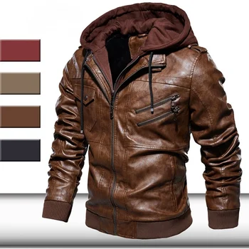 

Men's Leather Motorcycle Jacket Winter New Biker Bomber Jackets Warm PU Leather Coat with Removable Hood