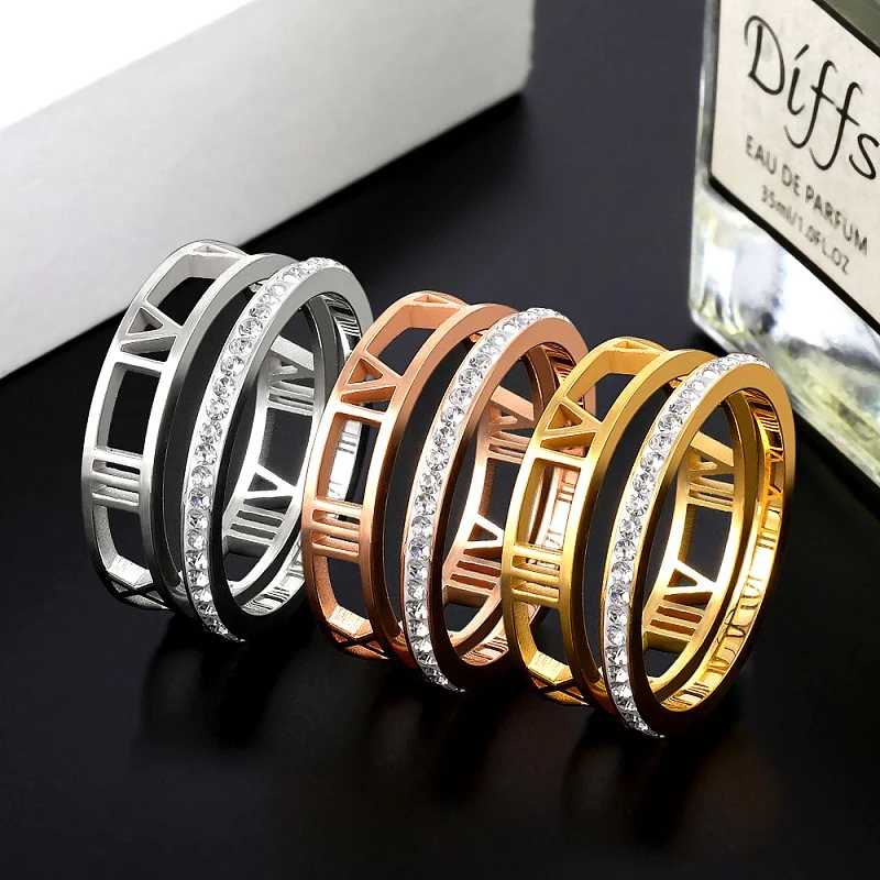 

European Style Hollow Out CZ Roman Numerals Rings For Women Man Size 6-9 Fashion Stainless Steel Ring Groom Bridal Jewelry Gift